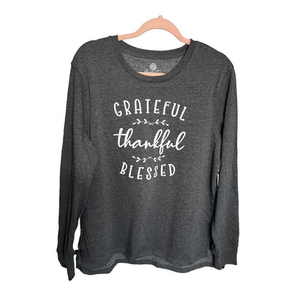 PositiviTees Grateful Thankful Blessed gray pullover sweater Medium 8/10 NWT - Picture 1 of 5